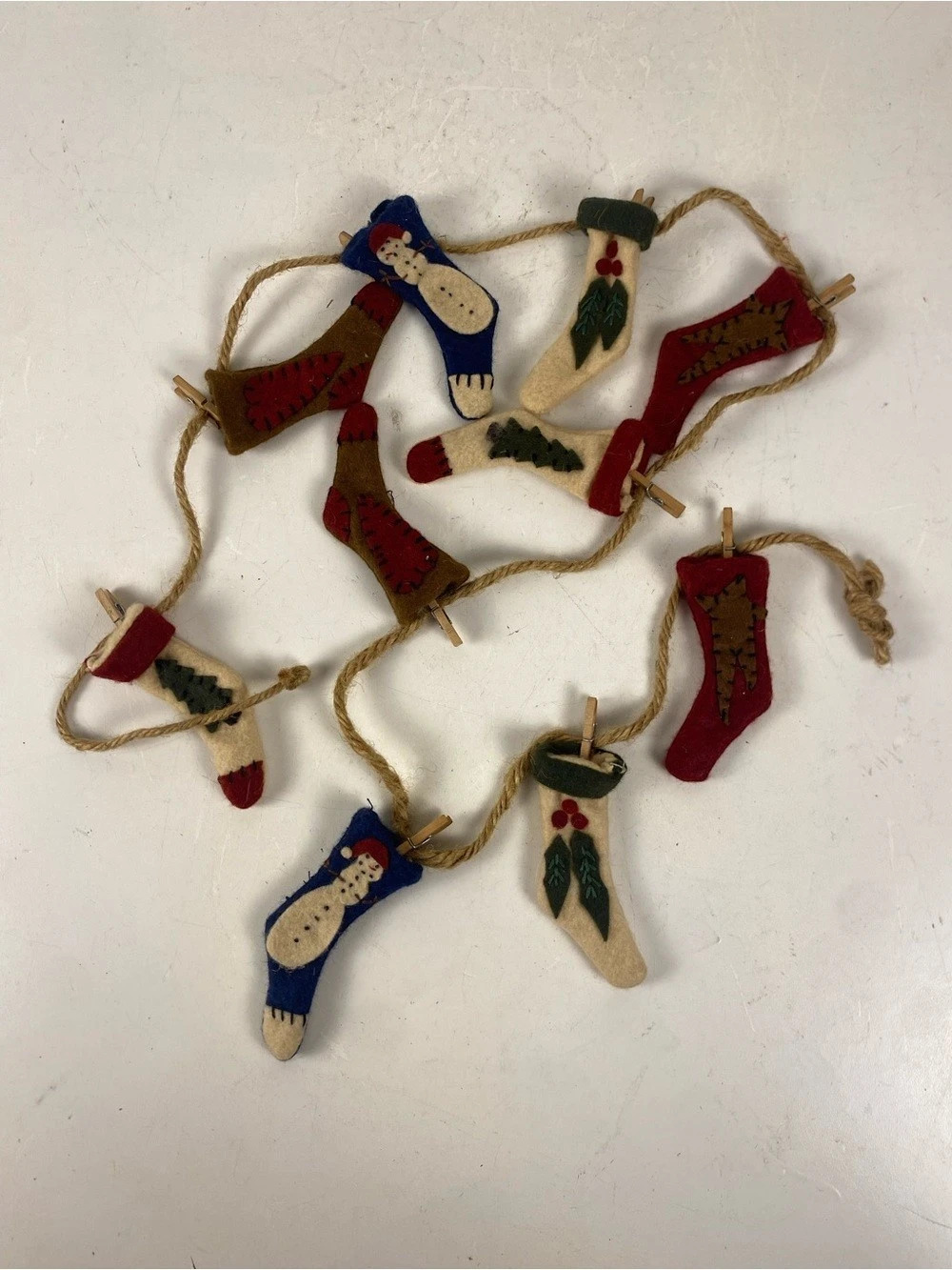 Rustic 10 Miniature Felt 3.25” Christmas Stocking Garland On 46.5” Twine